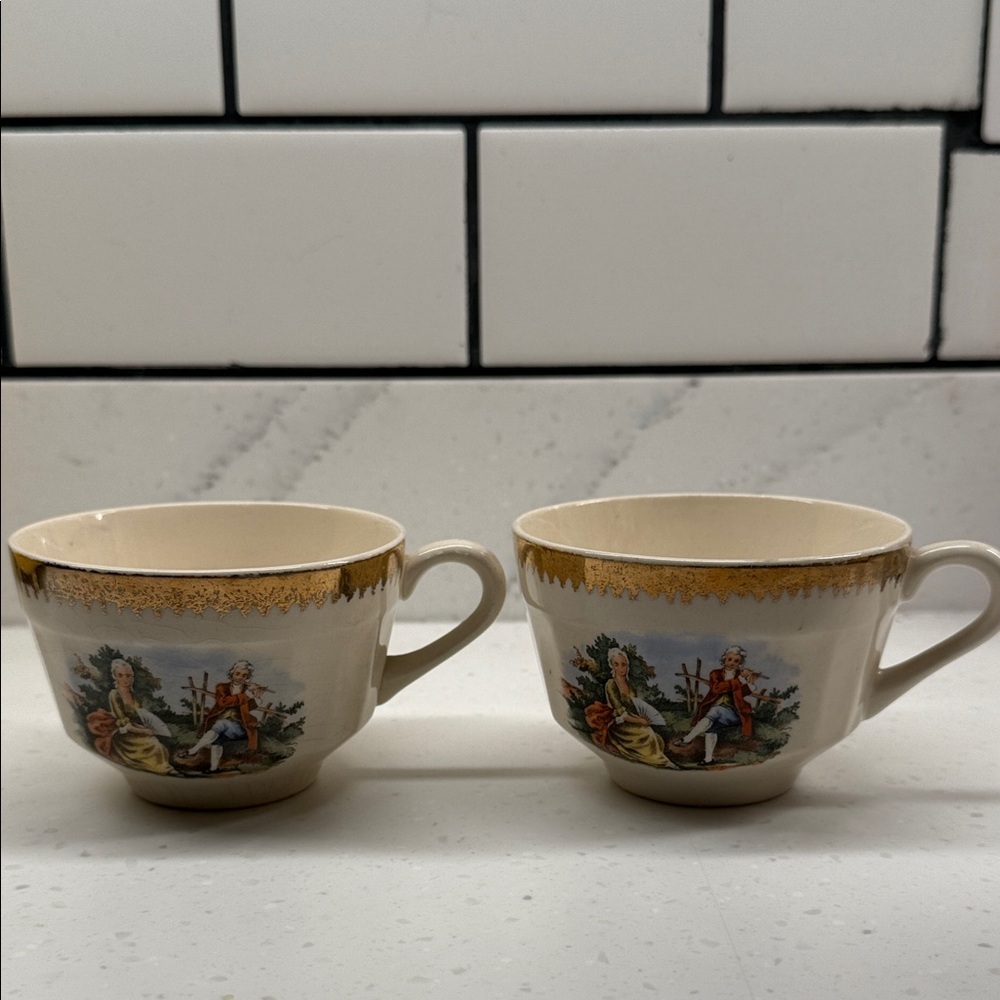 Cronin China Colonial Courting Couple Teacups w/ Gold Trim (Set of 2) [D]